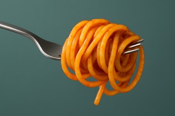 A fork twirls a generous portion of spaghetti coated in rich tomato sauce