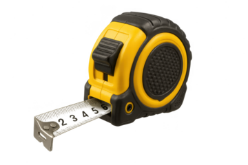 Yellow and black tape measure isolated on a transparent background detail, tool