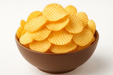 Crispy ruffled potato chips overflowing from a brown bowl on a white background