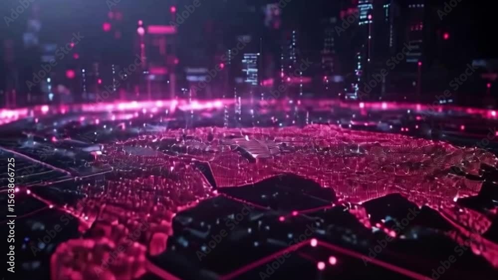 Wall mural abstract cityscape with pink and black geometric shapes highlighted lines and illuminated structures