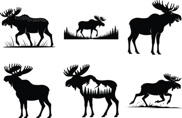 Moose Vector SVG Bundle, Moose Silhouette Art, black and white Background. Wild Moose minimalist graphic illustration.