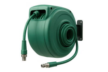 Green garden hose reel isolated on a transparent background, retractable hose