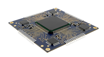 Close-up of a complex technological circuit board, showcasing intricate microchips and electronic components.