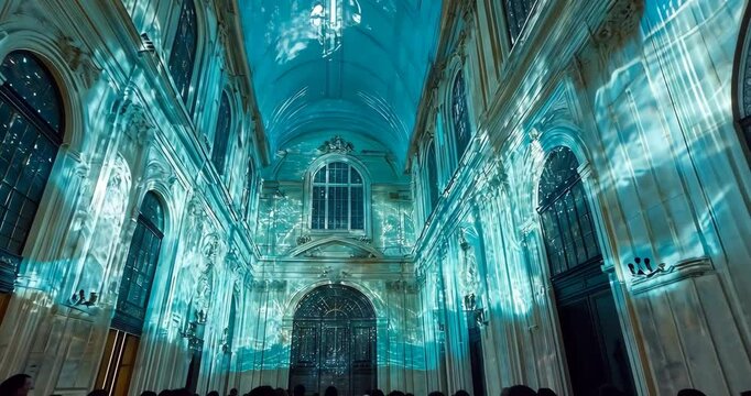 The interior of a church is illuminated with a projection mapping light show.