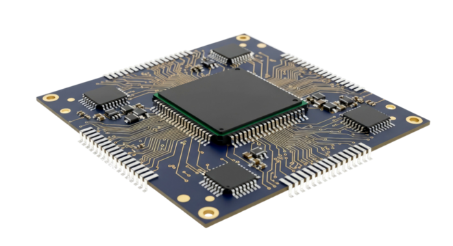 Close-up of a complex technological circuit board, showcasing intricate microchips and electronic components.