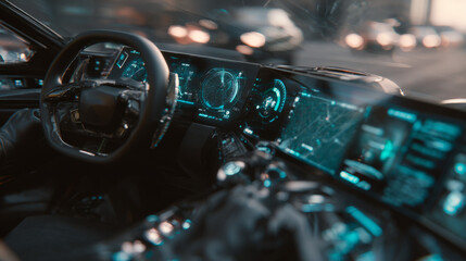 Fototapeta premium The cockpit of a flying car features a sleek holographic dashboard with advanced controls, capturing the essence of futuristic technology as it soars through the skies