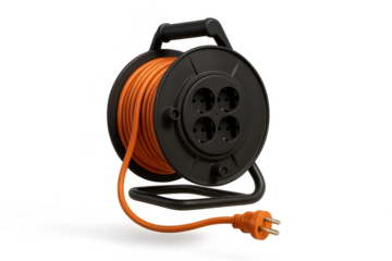 Orange extension cord reel on transparent background, isolated power tool