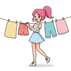 Girl hanging laundry on clothesline. Ideal for household chores, sustainable clothing care, or family responsibility education.