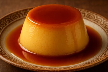 Decadent caramel custard dessert served in a decorative ceramic bowl