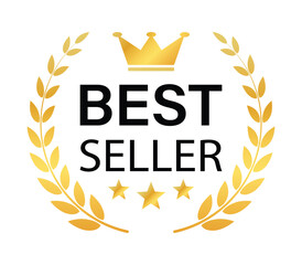 Best seller badge. Golden icon for best selling award with crown and stars. Transparent PNG and vector illustration.