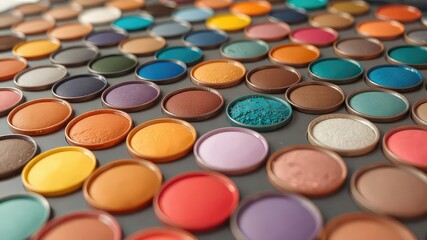 Palette of vibrant cosmetic powders arrayed in a grid pattern creates a spectrum of colors