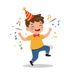 Boy dancing with party hat and musical notes. Perfect for birthday celebrations, children's parties, or festive event illustrations.