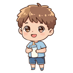 Boy with milk bottle in blue shirt. Ideal for healthy nutrition, dairy products, or children's dietary recommendations.
