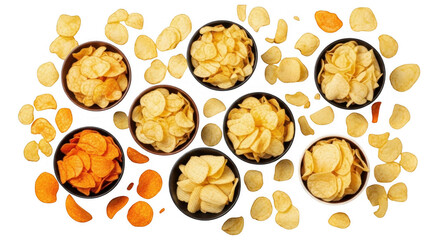Assorted Potato Chips in Bowls with Colorful Variations for Snack Lovers, isolated on a transparent background