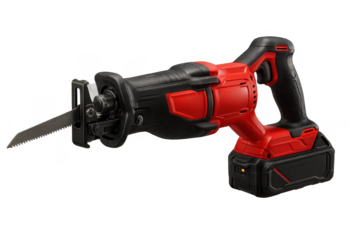 Red and black reciprocating saw isolated on a transparent background, cordless