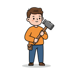 Boy with hammer in orange sweater. Ideal for DIY projects, construction play, and hands-on learning concepts.