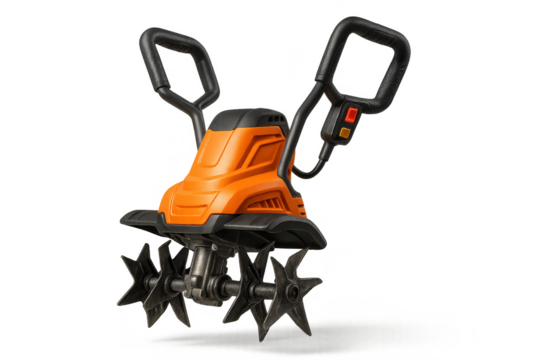 Electric garden tiller cultivator isolated on transparent background, orange and black