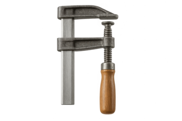 Metal bar clamp with wooden handle isolated on transparent background, tool