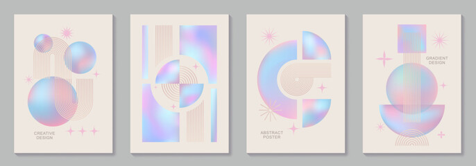 Abstract modern gradient poster vector set with Bauhaus pattern. Minimalist geometric colorful cover templates for interior design, social media, cover, banner, flyer, ads. Vector illustrations.