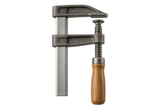 Metal bar clamp with wooden handle isolated on transparent background, tool