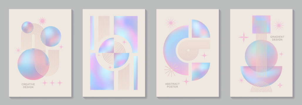 Abstract modern gradient poster vector set with Bauhaus pattern. Minimalist geometric colorful cover templates for interior design, social media, cover, banner, flyer, ads. Vector illustrations.