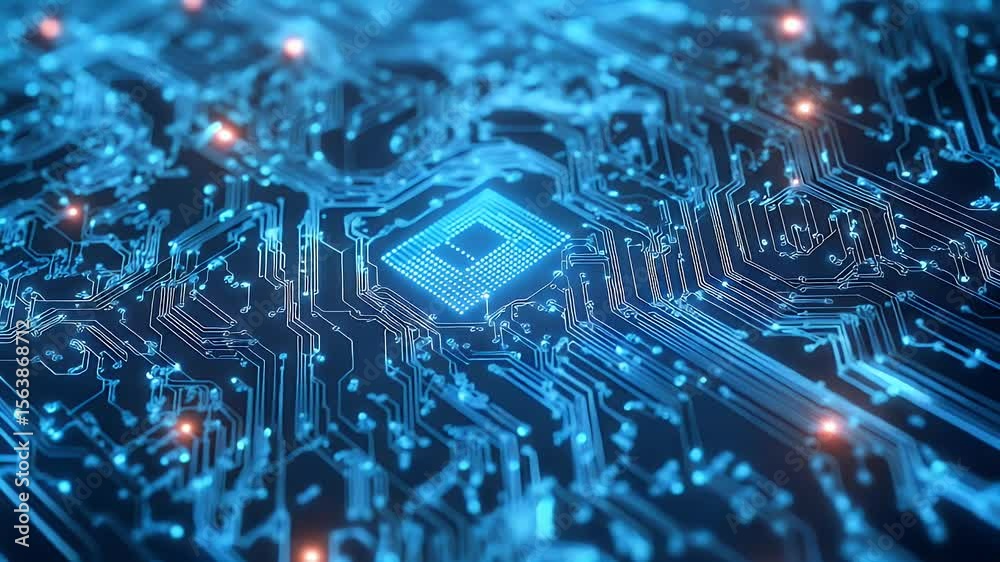 Poster close-up of a futuristic blue circuit board with glowing details representing data flow and processi