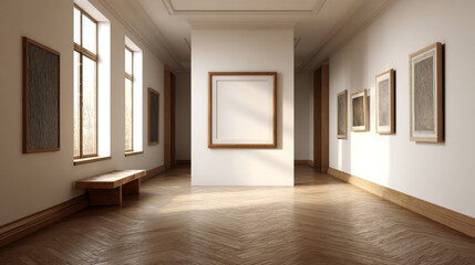 Fototapeta premium Art gallery interior showcasing an empty frame on the wall.