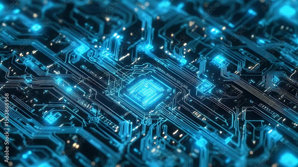 Poster detailed view of a glowing circuit board with intricate blue and neon patterns illustrating data pro