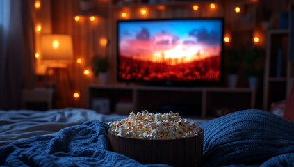 popcorn on the bed in front of a television, in a cozy evening room