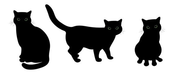 Black cats with big green eyes in different poses. Cat is sitting front view and profile, standing cat. Vector illustration