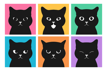 Set of black cat faces with different emotions. Cat portraits set. Vector illustration