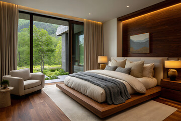 Obraz premium Luxurious bedroom with natural light and mountain view luxury warm lighting