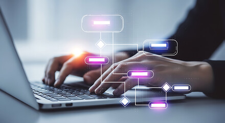 Hands typing on laptop with glowing flowchart computer technology