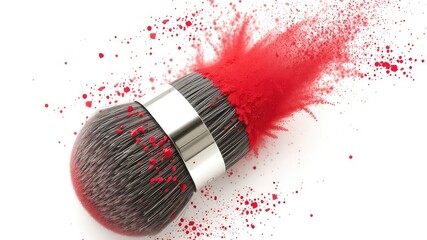 Red Powder Exploding from a Professional Makeup Brush with Silver Accents Against Clean, Minimalist White Backdrop