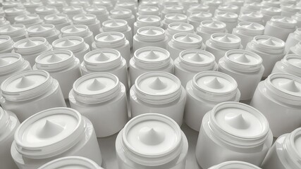 Multiple sleek white jars filled with smooth cream arranged in a pattern for presentation or marketing purposes