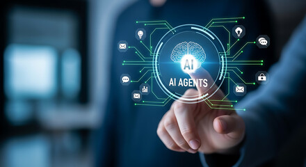 Human finger touching digital brain icon with A I agents text artificial intelligence technology