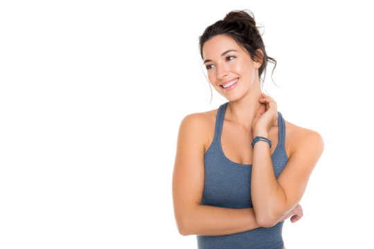 Healthy young woman smiling in blue activewear with relaxed pose isolated on transparent png background - Powered by Adobe