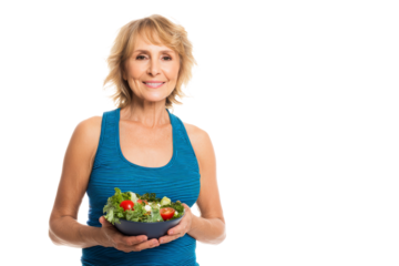 Smiling senior woman in blue sportswear holding a bowl of fresh salad isolated on transparent png background