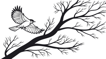 Fototapeta premium A serene vector illustration of birds perched gracefully on a tree branch, designed in silhouette style. This peaceful scene captures the beauty of nature, harmony, and the calm of avian life.