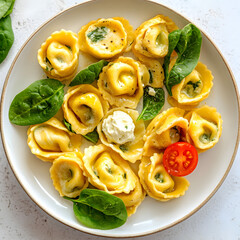 Plate of Fresh Spinach and Ricotta Tortelloni Pasta with a Creamy Sauce and Cherry Tomato Garnish.
