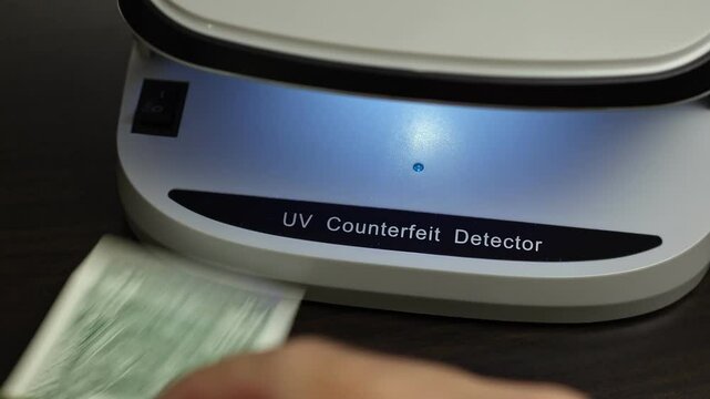 Examination of american dollar (USD) cash money with UV counterfeit detector. Concept of authenticity check, fight against counterfeiting of banknotes, anti fraud measures in USA. Close up view.