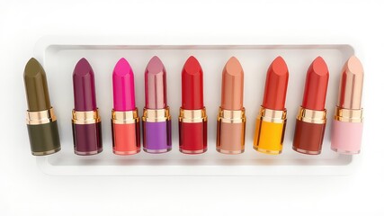 Collection of various shades of cosmetic lipstick arranged and organized on a clean white background