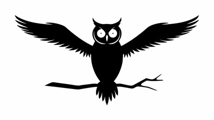 Silhouette of an owl perched on a branch with its wings spread wide in a striking black and white image