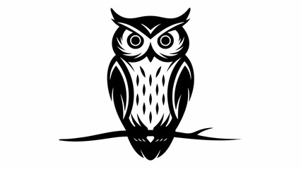 Stylized black and white owl perched on a branch with detailed feather patterns and large eyes design