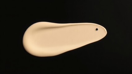 Abstract minimalist composition of a beige foundation smear with a tiny black bead detail on a contrasting dark surface
