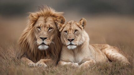 Fototapeta premium A male and female lion rest peacefully together in Kenya's Masai Mara, captured in a moment of sibling companionship and majestic beauty. 