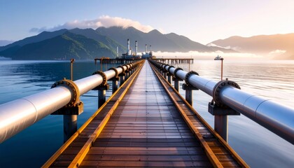 Scenic Dock with Metal Pipes at Sunrise in Serene Waterfront Area