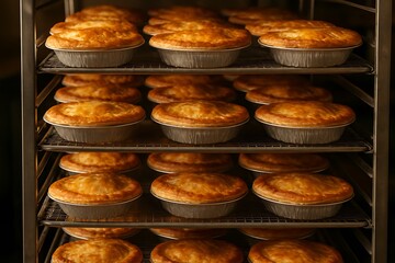 Golden brown pies cooling on metal racks in a commercial kitchen