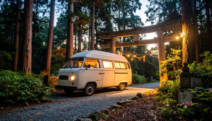 Fototapeta premium Vintage Van Journey Through Japanese Woods