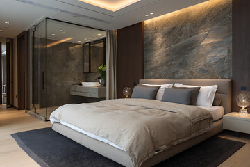 Luxurious beige and grey bedroom with stone accent wall and glass ensuite linens pillows